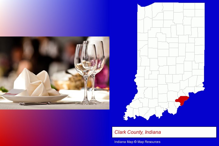 a restaurant table place setting; Clark County, Indiana highlighted in red on a map