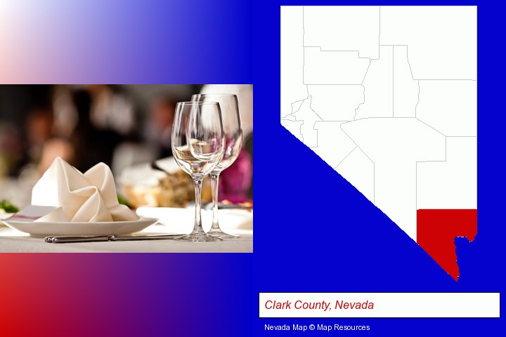 a restaurant table place setting; Clark County, Nevada highlighted in red on a map