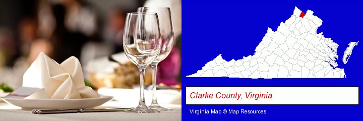 a restaurant table place setting; Clarke County, Virginia highlighted in red on a map