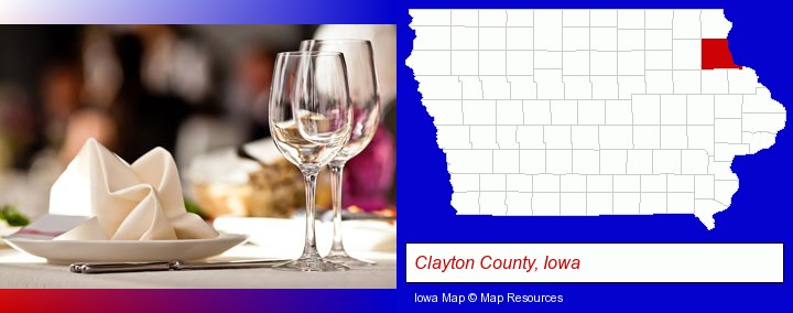 a restaurant table place setting; Clayton County, Iowa highlighted in red on a map