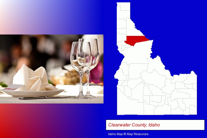 a restaurant table place setting; Clearwater County, Idaho highlighted in red on a map