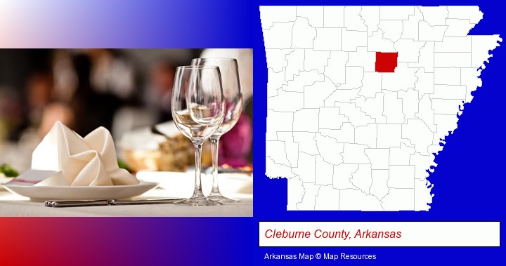 a restaurant table place setting; Cleburne County, Arkansas highlighted in red on a map