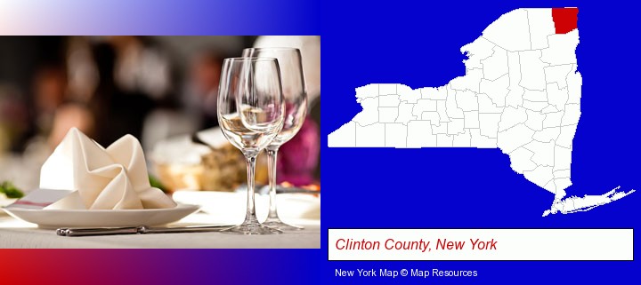 a restaurant table place setting; Clinton County, New York highlighted in red on a map