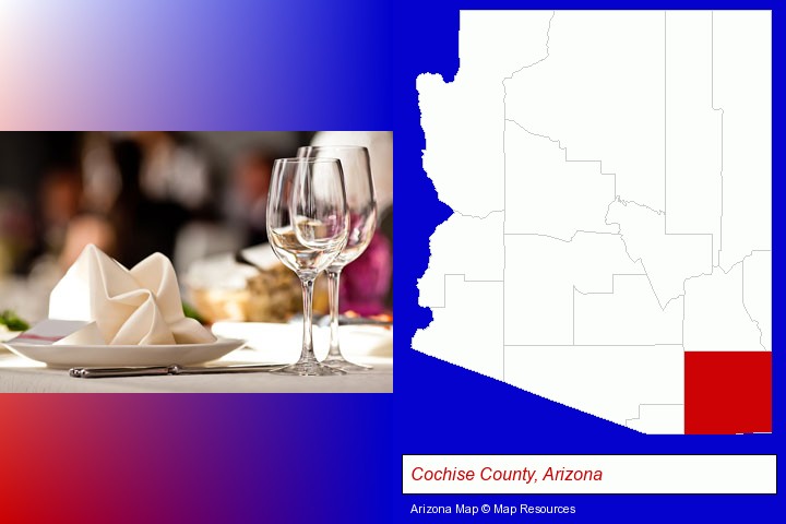 a restaurant table place setting; Cochise County, Arizona highlighted in red on a map