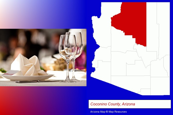 a restaurant table place setting; Coconino County, Arizona highlighted in red on a map