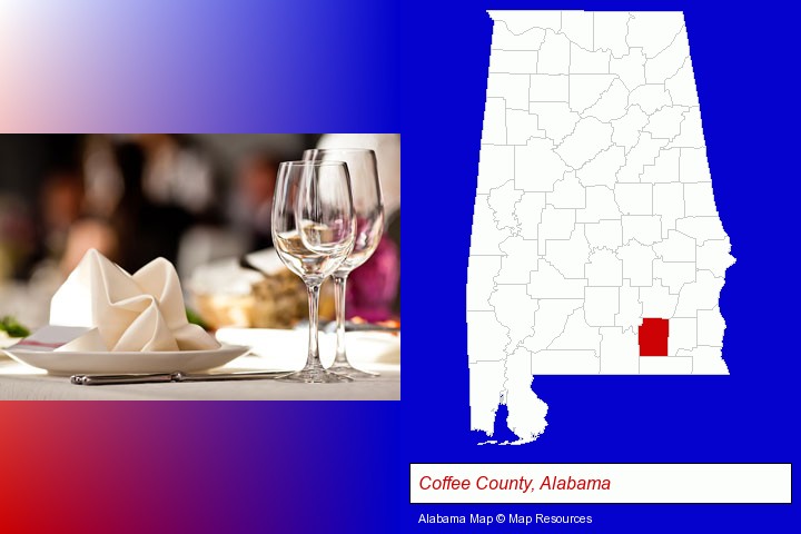 a restaurant table place setting; Coffee County, Alabama highlighted in red on a map