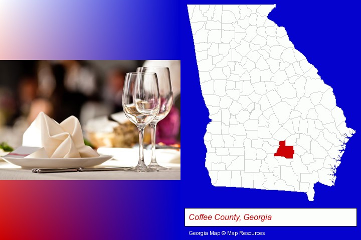 a restaurant table place setting; Coffee County, Georgia highlighted in red on a map
