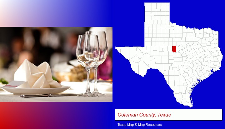 a restaurant table place setting; Coleman County, Texas highlighted in red on a map