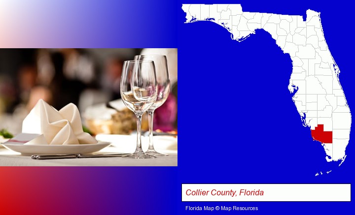 a restaurant table place setting; Collier County, Florida highlighted in red on a map