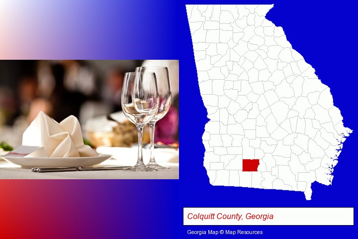 a restaurant table place setting; Colquitt County, Georgia highlighted in red on a map