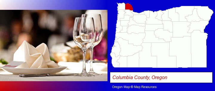 a restaurant table place setting; Columbia County, Oregon highlighted in red on a map