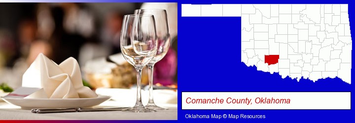 a restaurant table place setting; Comanche County, Oklahoma highlighted in red on a map