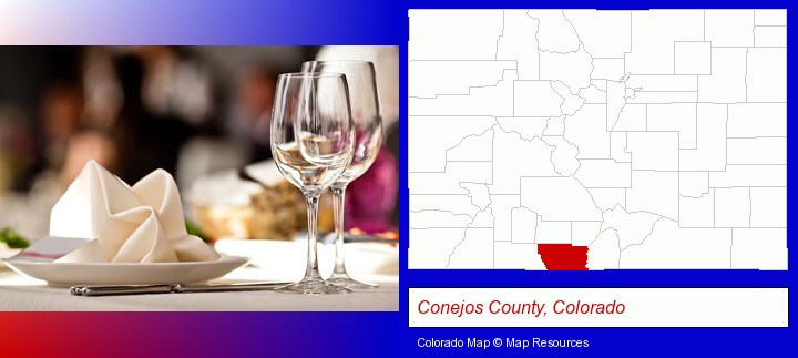 a restaurant table place setting; Conejos County, Colorado highlighted in red on a map
