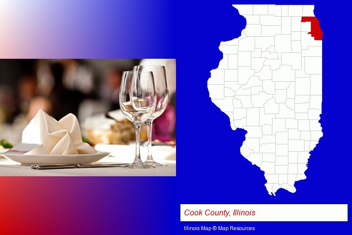 a restaurant table place setting; Cook County, Illinois highlighted in red on a map