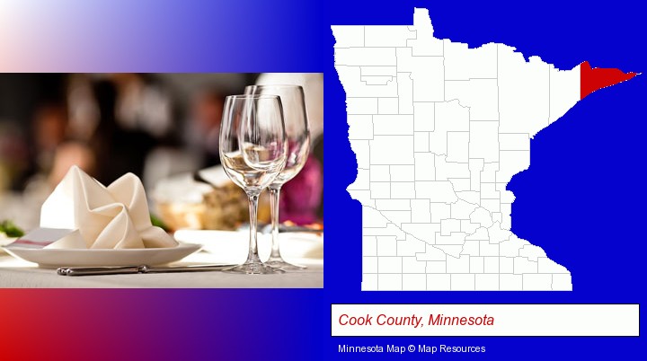 a restaurant table place setting; Cook County, Minnesota highlighted in red on a map