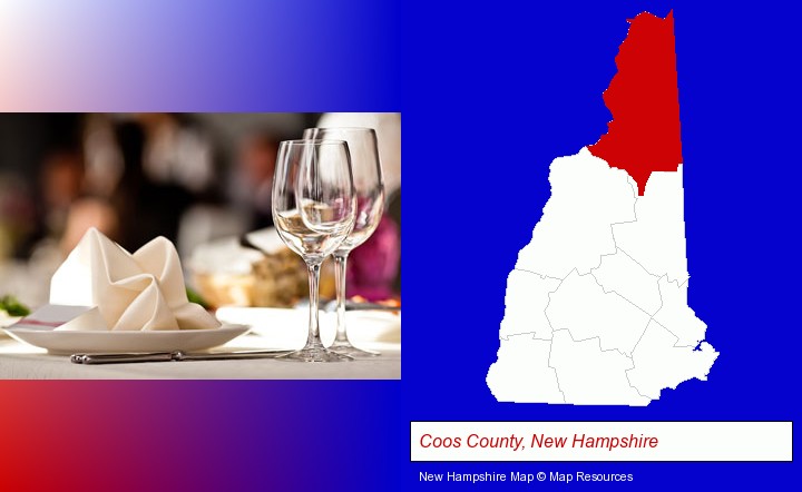 a restaurant table place setting; Coos County, New Hampshire highlighted in red on a map