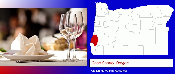 a restaurant table place setting; Coos County, Oregon highlighted in red on a map