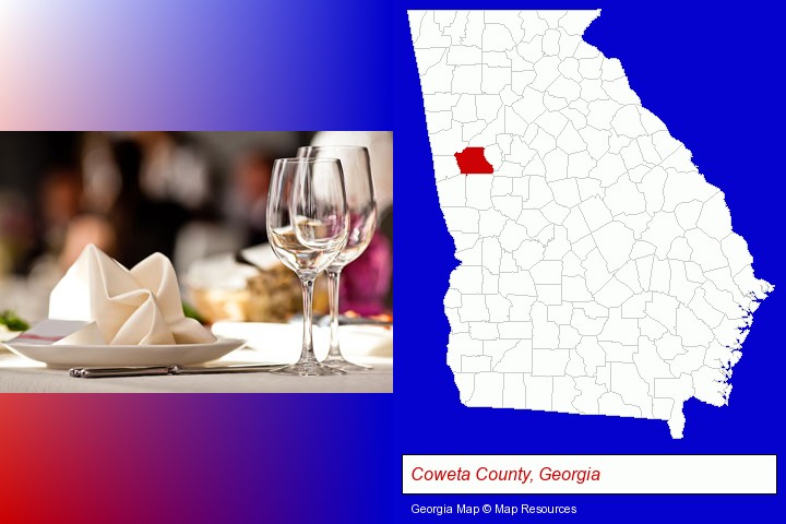 a restaurant table place setting; Coweta County, Georgia highlighted in red on a map