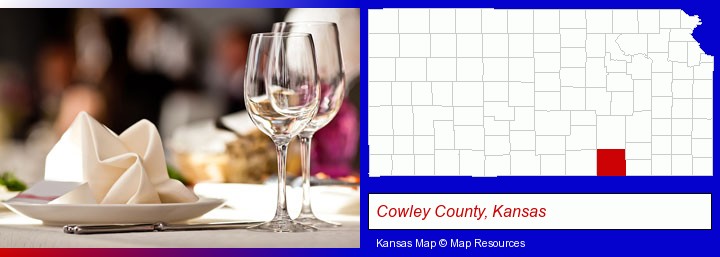 a restaurant table place setting; Cowley County, Kansas highlighted in red on a map