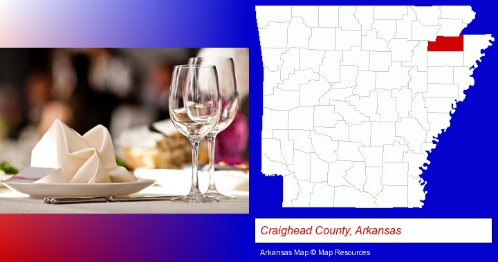 a restaurant table place setting; Craighead County, Arkansas highlighted in red on a map