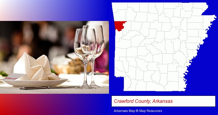 a restaurant table place setting; Crawford County, Arkansas highlighted in red on a map