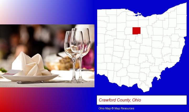 a restaurant table place setting; Crawford County, Ohio highlighted in red on a map