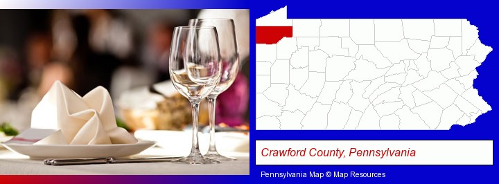 a restaurant table place setting; Crawford County, Pennsylvania highlighted in red on a map
