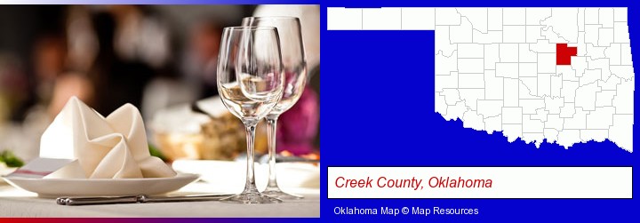 a restaurant table place setting; Creek County, Oklahoma highlighted in red on a map