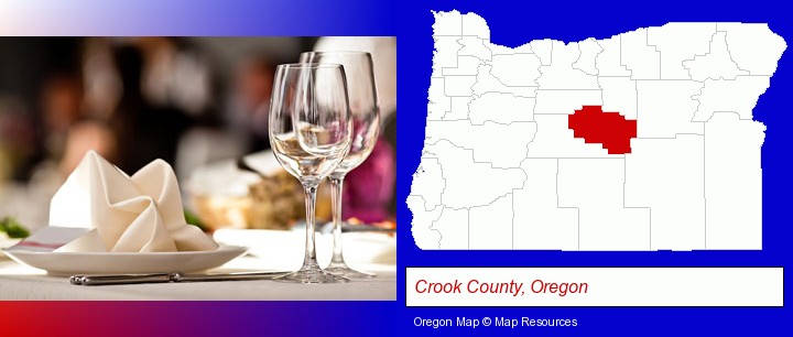 a restaurant table place setting; Crook County, Oregon highlighted in red on a map