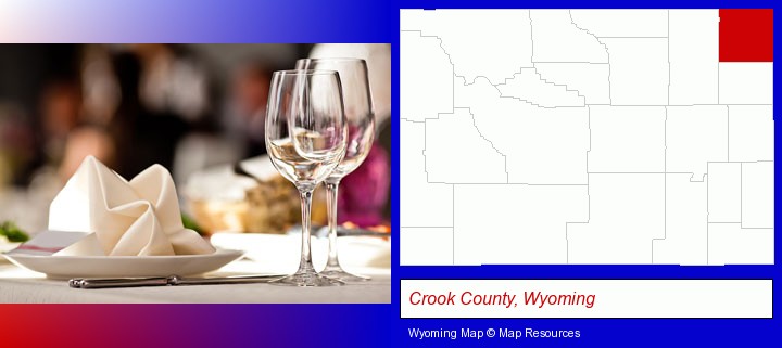 a restaurant table place setting; Crook County, Wyoming highlighted in red on a map