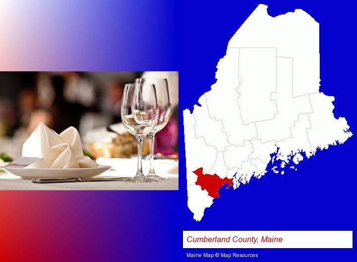 a restaurant table place setting; Cumberland County, Maine highlighted in red on a map