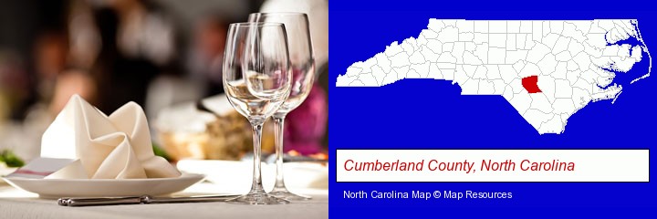a restaurant table place setting; Cumberland County, North Carolina highlighted in red on a map