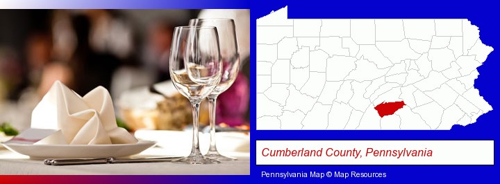 a restaurant table place setting; Cumberland County, Pennsylvania highlighted in red on a map