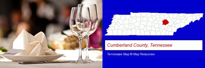 a restaurant table place setting; Cumberland County, Tennessee highlighted in red on a map