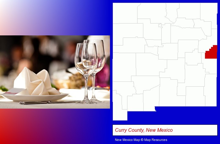 a restaurant table place setting; Curry County, New Mexico highlighted in red on a map
