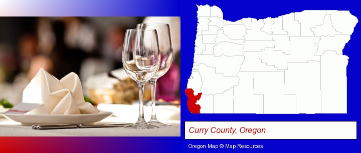 a restaurant table place setting; Curry County, Oregon highlighted in red on a map