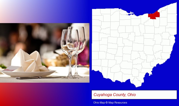 a restaurant table place setting; Cuyahoga County, Ohio highlighted in red on a map