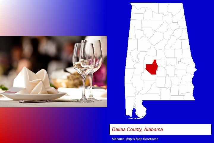 a restaurant table place setting; Dallas County, Alabama highlighted in red on a map