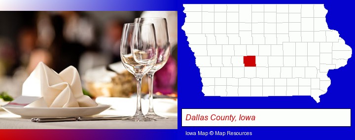 a restaurant table place setting; Dallas County, Iowa highlighted in red on a map