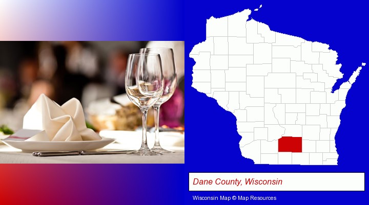 a restaurant table place setting; Dane County, Wisconsin highlighted in red on a map