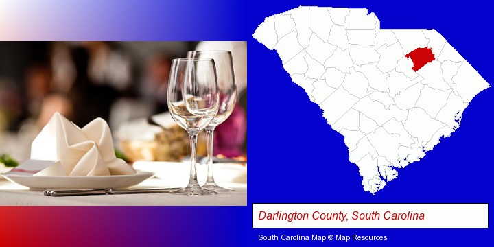 a restaurant table place setting; Darlington County, South Carolina highlighted in red on a map
