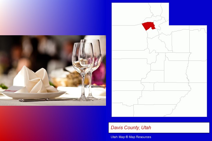 a restaurant table place setting; Davis County, Utah highlighted in red on a map