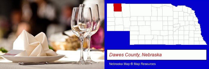 a restaurant table place setting; Dawes County, Nebraska highlighted in red on a map