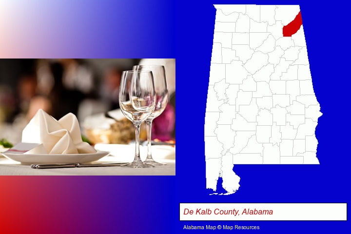 a restaurant table place setting; De Kalb County, Alabama highlighted in red on a map
