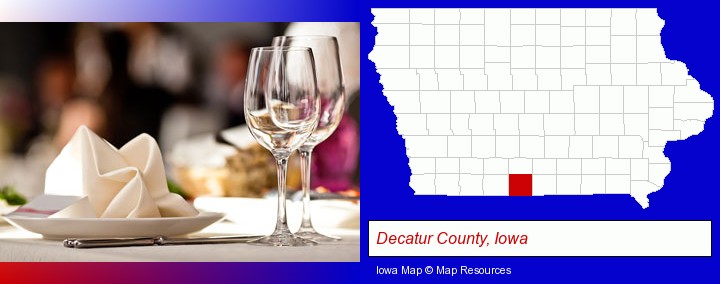 a restaurant table place setting; Decatur County, Iowa highlighted in red on a map