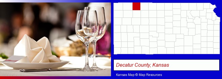 a restaurant table place setting; Decatur County, Kansas highlighted in red on a map
