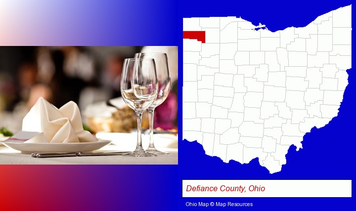 a restaurant table place setting; Defiance County, Ohio highlighted in red on a map