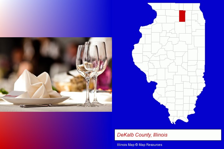 a restaurant table place setting; DeKalb County, Illinois highlighted in red on a map