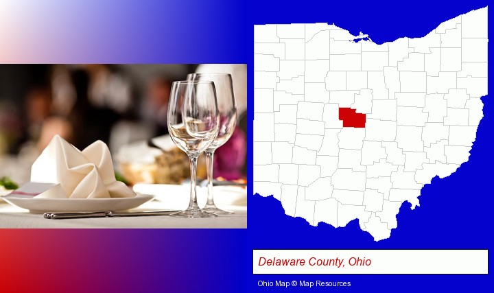 a restaurant table place setting; Delaware County, Ohio highlighted in red on a map