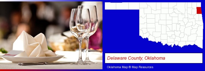 a restaurant table place setting; Delaware County, Oklahoma highlighted in red on a map